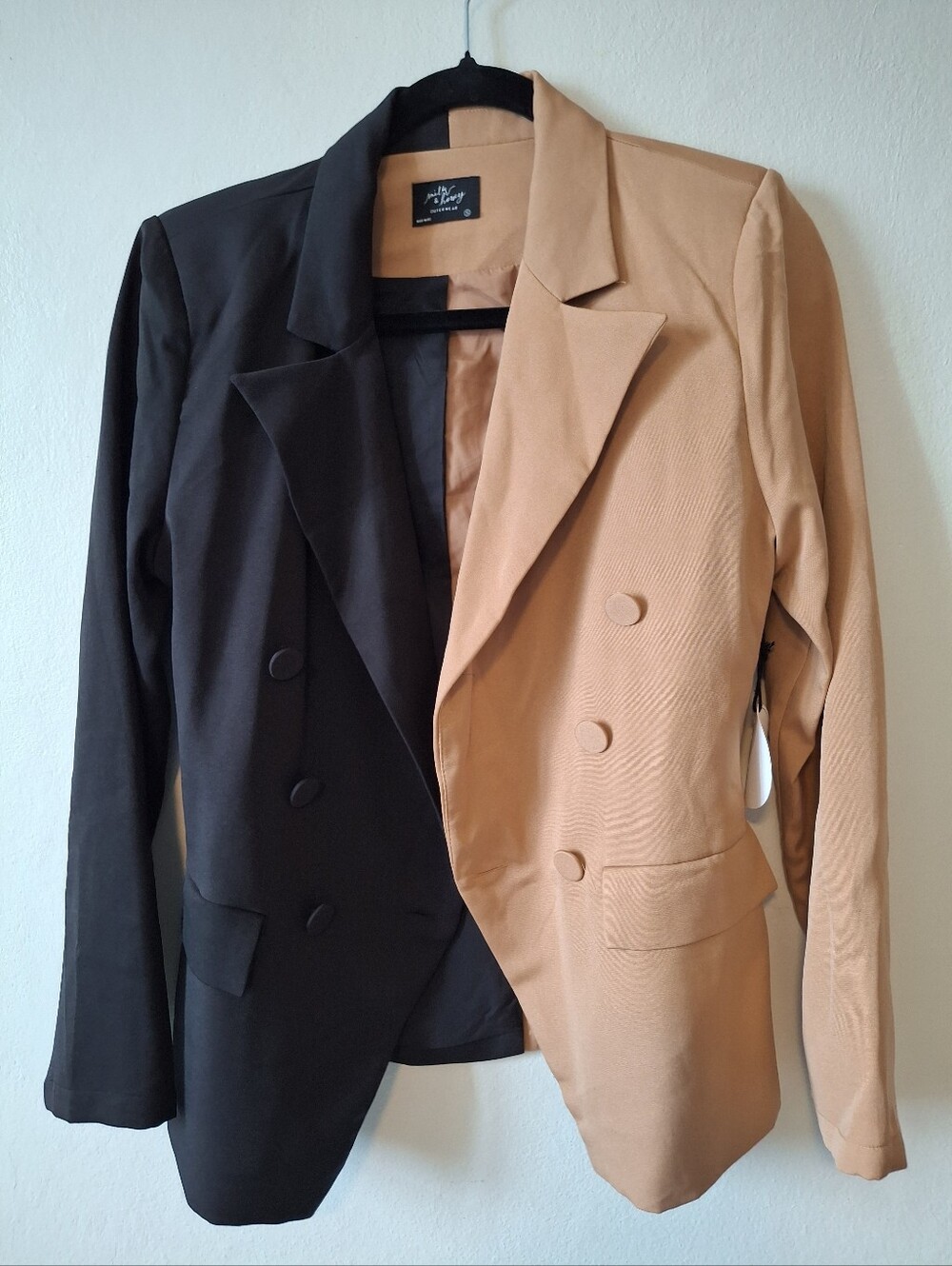 Two-Tone Double-Breasted Women's Blazer Jacket - Black & Tan